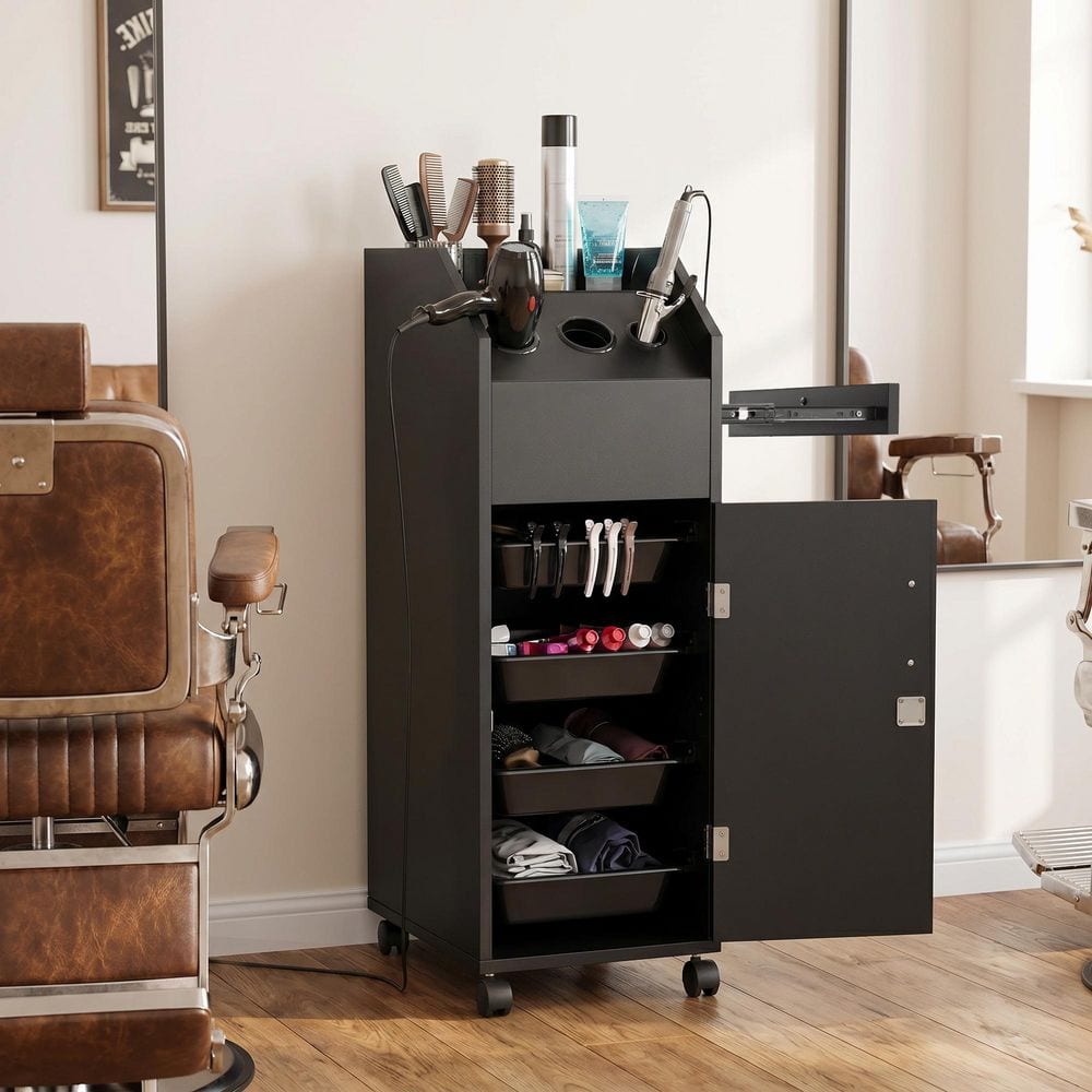 Black 33.46 in. Wooden Beauty Storage Cabinet, Mobile Salon Barber Station Cart for Hair Stylist Spa Barbershop