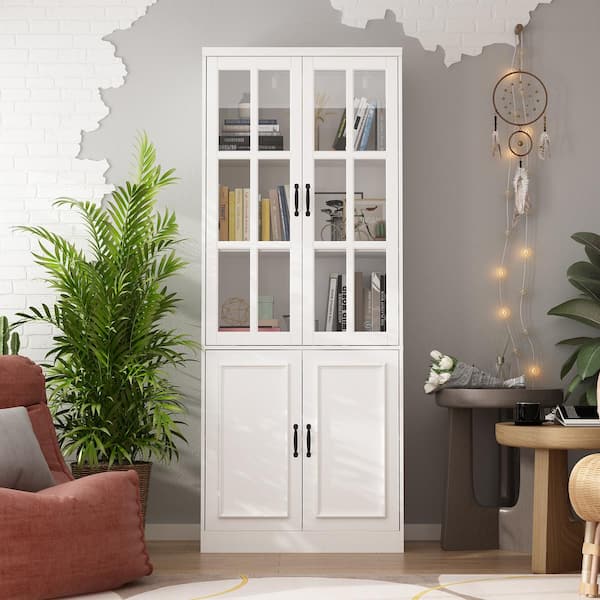 FUFU&GAGA White Wooden MDF (31.5 in. W) Food Pantry Cabinet, Sideboard, Storage Cabinet with 4 Tempered Glass Doors and 5 Shelves