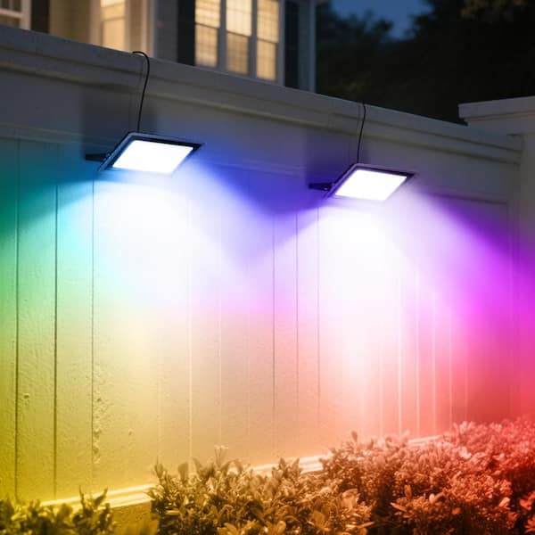 150 Watt Equivalence 4500 Lumen Black Plug-in RGB Integrated LED Flood Light, Outdoor Light with Dusk to Dawn Sensor