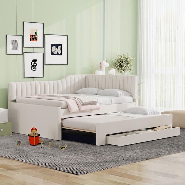 Beige Full Upholstered Daybed with Trundle and Three Drawers