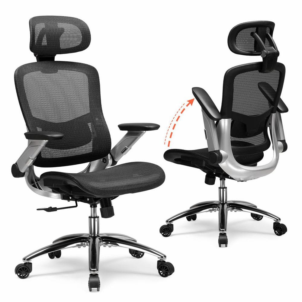 Big and Tall High Back Office Chair with Flip-Up Arms Gray Ergonomic Mesh High Back Home Desk Chair Arm Chair