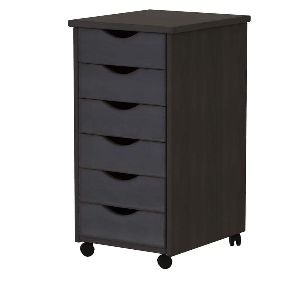 6-Drawer Solid Wood Mobile Storage Cart in Black