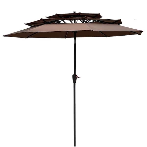 9 ft. 3-Tiers Aluminum Market Umbrella with Crank and Tilt and Wind Vents Outdoor Patio Umbrella in Coffee