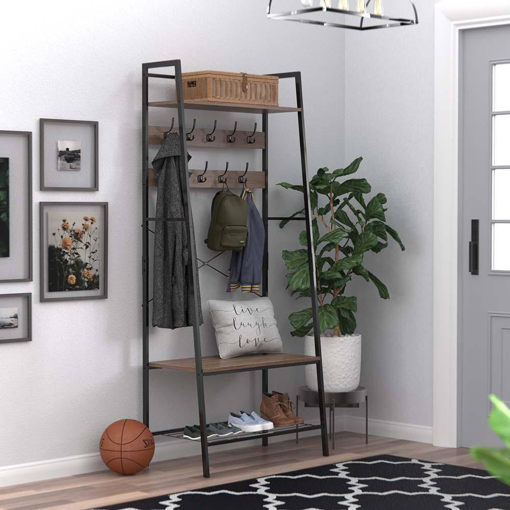 Weathered Gray Steel Hall Tree with Bench and Shoe Storage