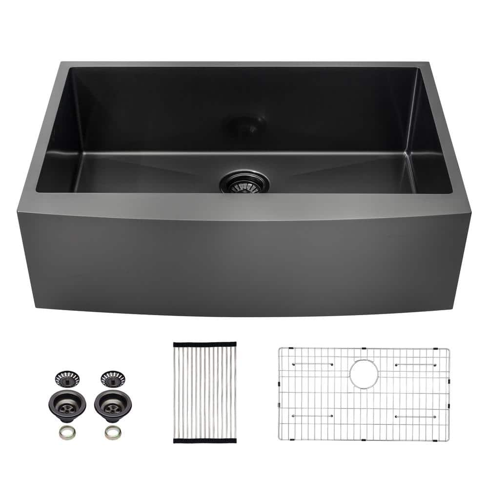 30 in Farmhouse/Apron-Front Single Bowl 16 Gauge Black Stainless Steel Deep Curved Kitchen Sink with Bottom Grids -  Sarlai, SCNO-3021