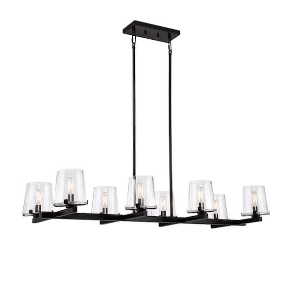 8-Light Blackened Bronze Kitchen Island Linear Pendant with Glass Shade