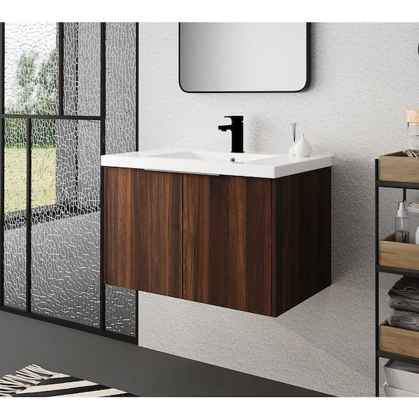 30 in. W x 18 in. D x 20 in. H Floating Bath Vanity Set in California Walnut with Resin Vanity Top and White Basin