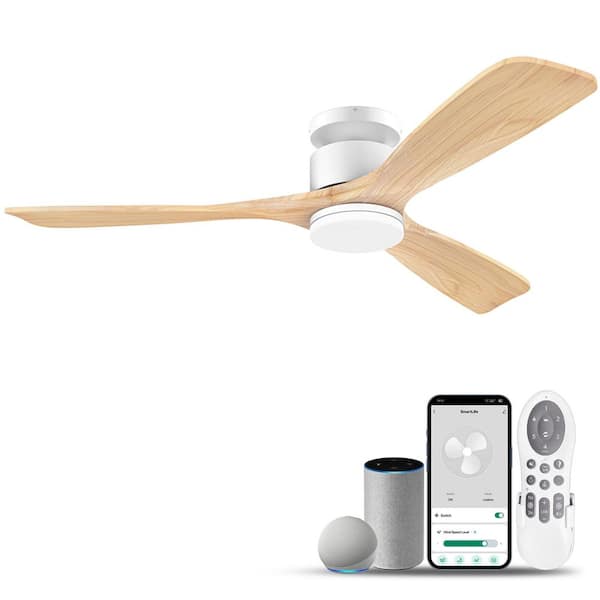 52 in. Smart White Outdoor/Indoor Flush Mount Ceiling Fans With Lights and Remote, Voice Control via WIFI Alexa App