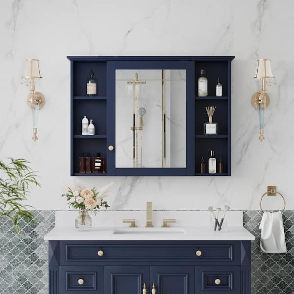 42 in. W x 30 in. H Rectangular Navy Blue Solid Wood Surface Medicine Cabinet with Mirror, Soft-Closed Doors, Assembled