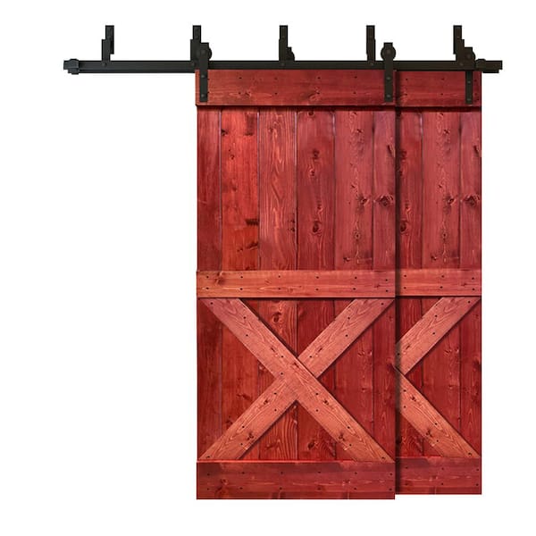 CALHOME 84 in. x 84 in. Mini X Bar Bypass Cherry Red Stained Solid Pine Wood Interior Double Sliding Barn Door with Hardware Kit