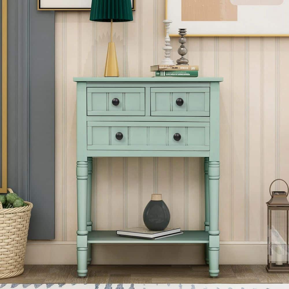 23.7 in. Retro Blue Rectangle Wood Console Table with 3-Drawers