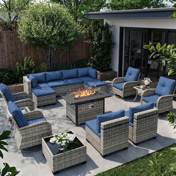 16-Piece Wicker Patio Conversation Set with 55,000 BTU Fire Pit Table and Glass Top Table with Navy Blue Cushions