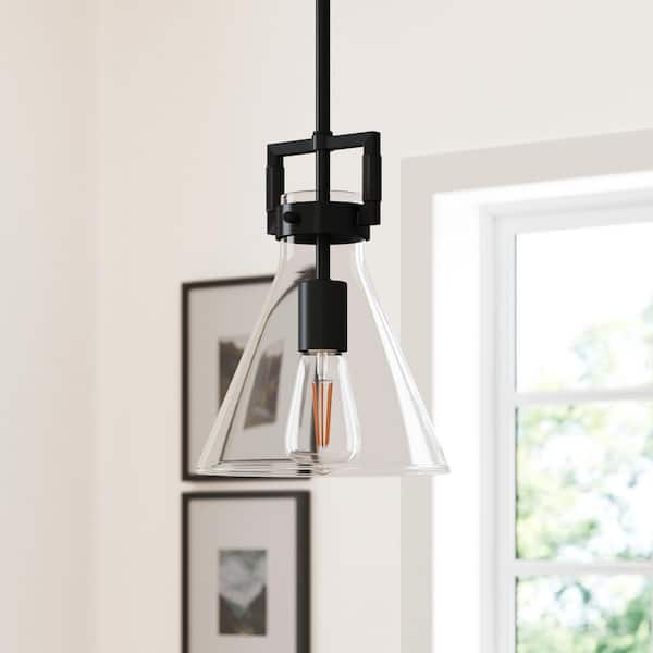 Nathan James Vincent Black Modern Pendant Light Fixture with Adjustable Metal Stem and Clear Glass Shade
