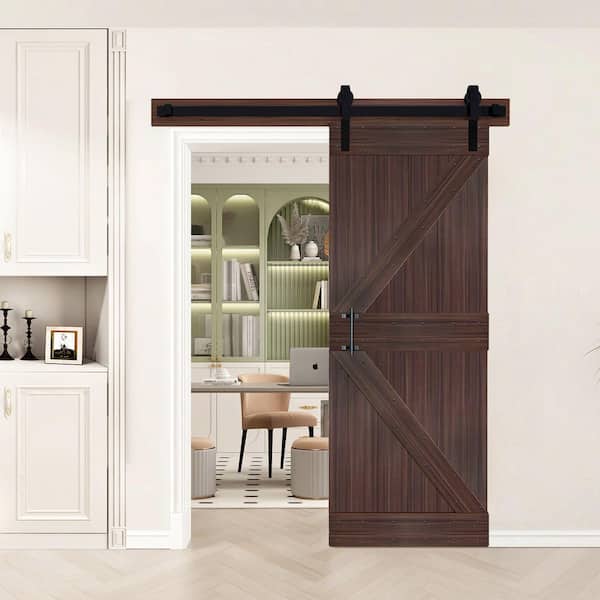 K Style 30 in. x 84 in. Coffee Finished Solid Wood Sliding Barn Door with Hardware Kit - Assembly Needed