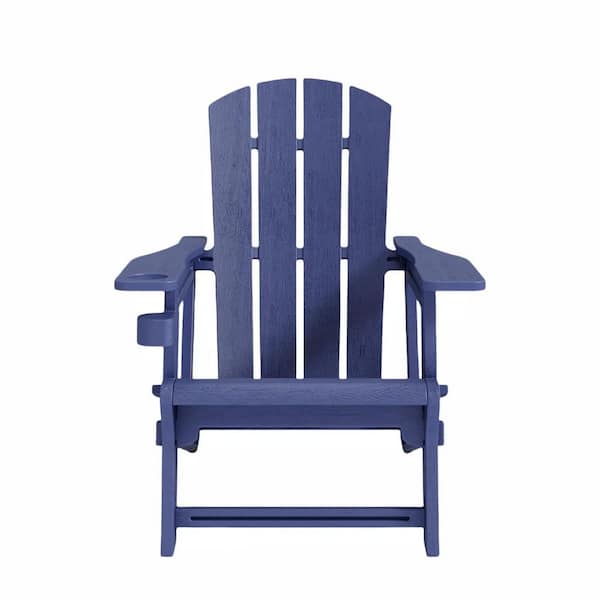 Outdoor Plastic Adirondack Chair with Cup Holder in Navy Blue
