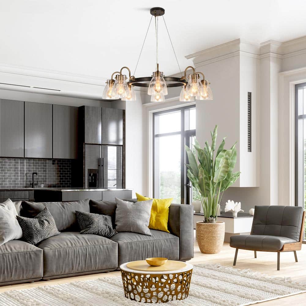 Modern Black and Gold 8-Light Crackled Glass Chandelier