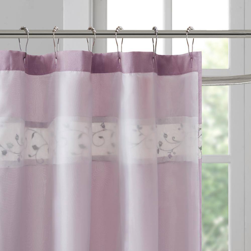 Purple Faux Silk Embroidered Floral Shower Curtain