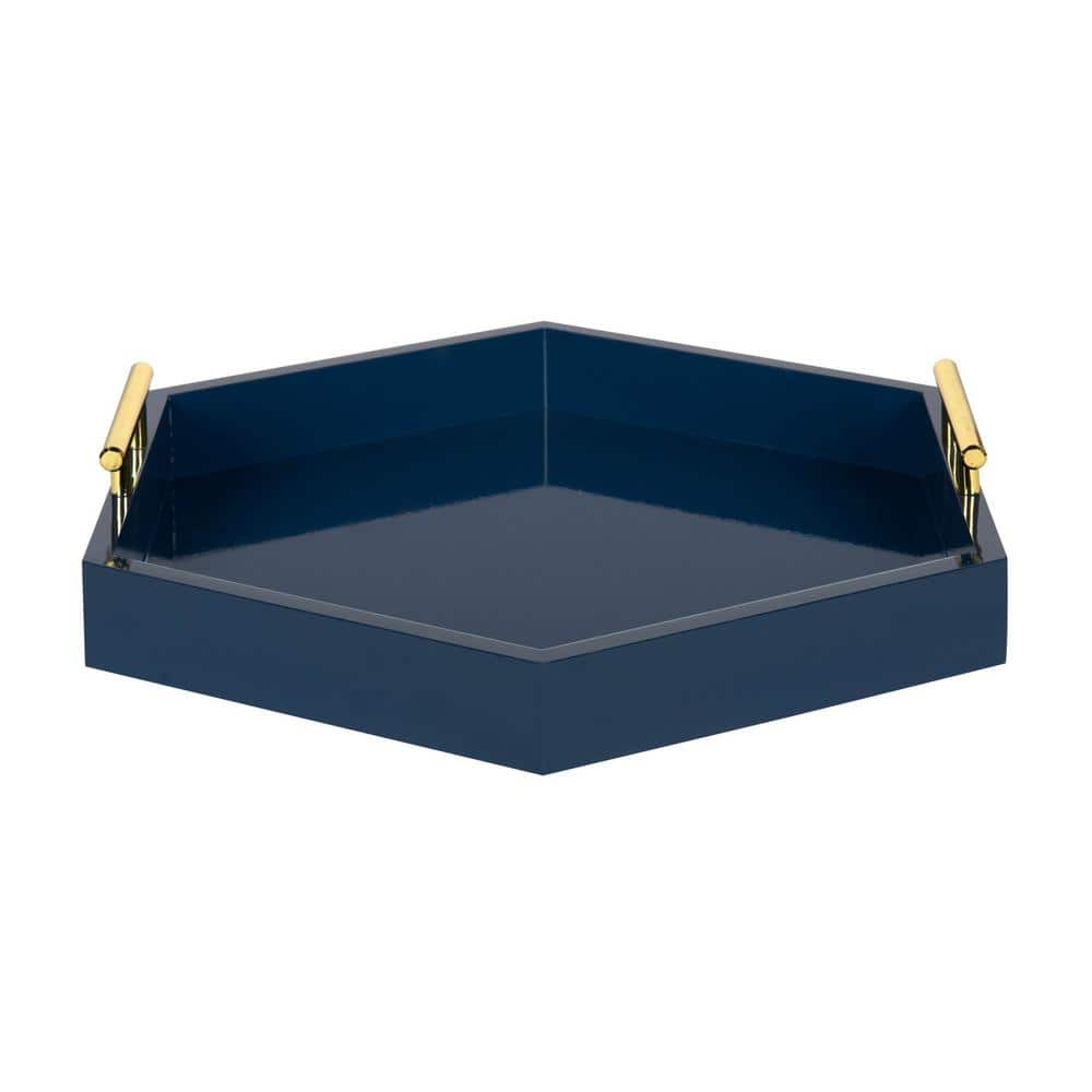 Navy Blue Rectangular Wood Accent Tray with Metal Handles