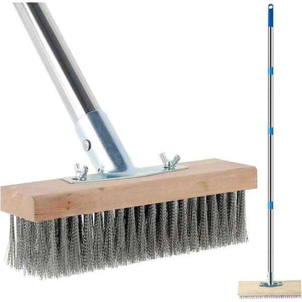 12 in. Concrete Scrub Brush with Heavy Duty Stiff Metal Bristle and 62 in. Long Handle