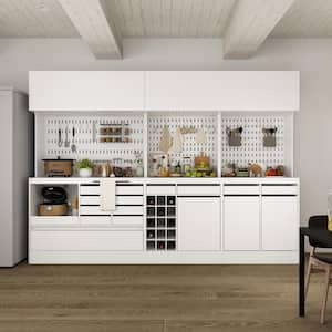 3-in-1 White Wood Buffet and Hutch Storage Cabinet with Garbage Bin, Drawers, Wine Cube, Hook(110.2 in. W x 78.7 in. H)