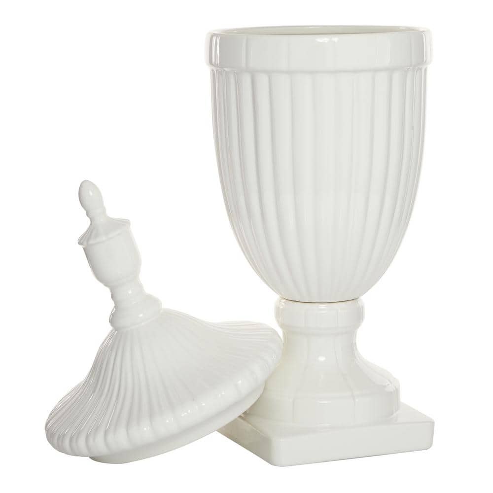 26" White Ceramic Tall Fluted Urn Vase with Lid