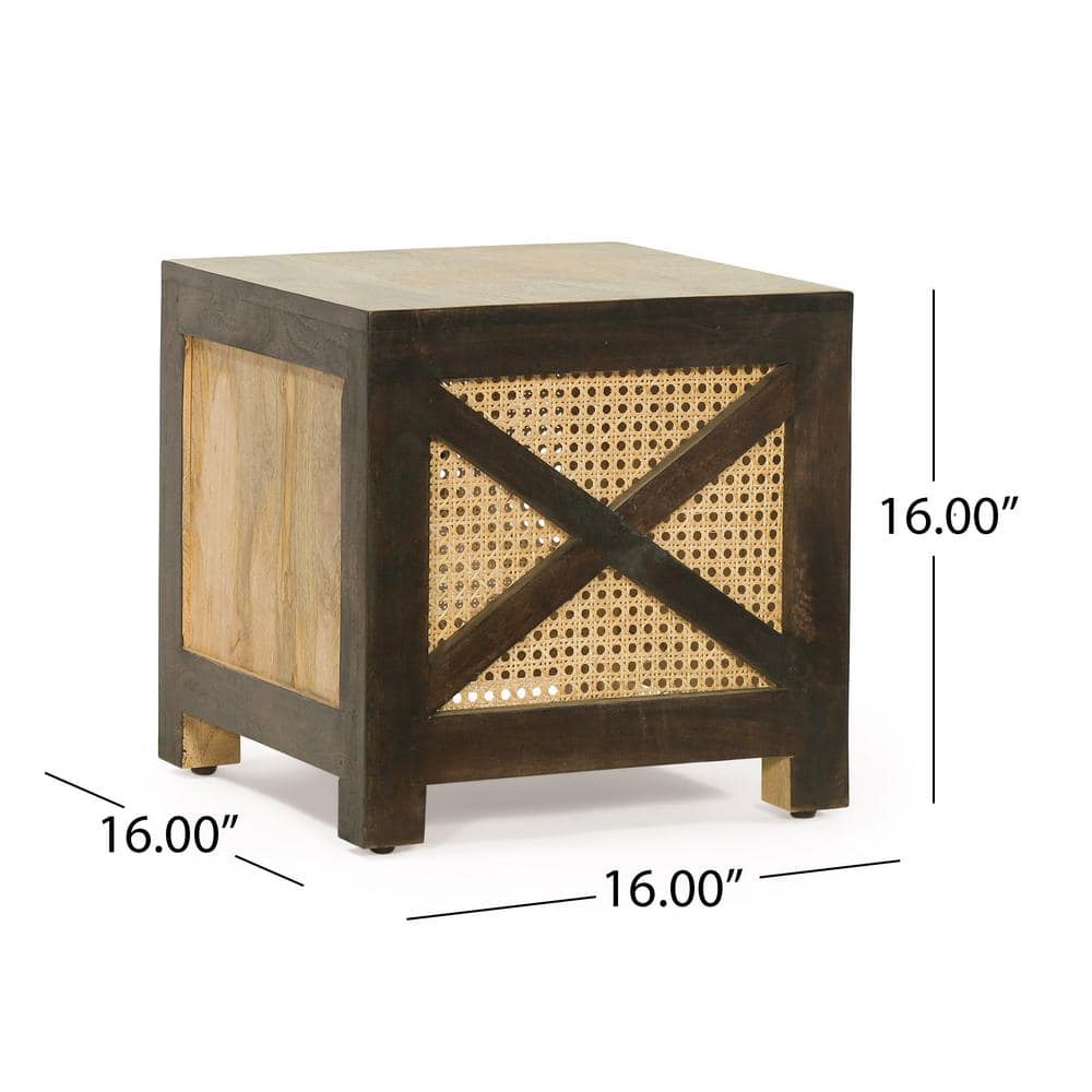 Handcrafted Mango Wood and Cane Wicker Ottoman Stool, Natural and Walnut