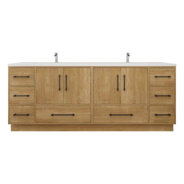 Victoria 84 in. W x 20 in. D x 35 in. H Double Sink Freestanding Bath Vanity in Oak with White Acrylic Top