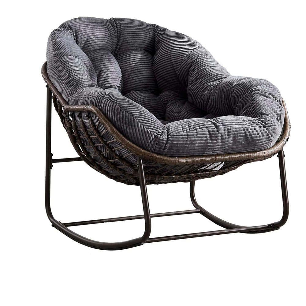 Metal Outdoor Rocking Chair with Grey Padded Cushions, Recliner
