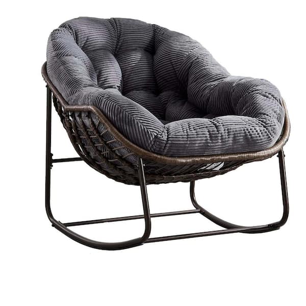 Unbranded Metal Outdoor Rocking Chair with Grey Padded Cushions, Recliner Chair Outdoor, Modern Cozy Lounge Rocker Chair
