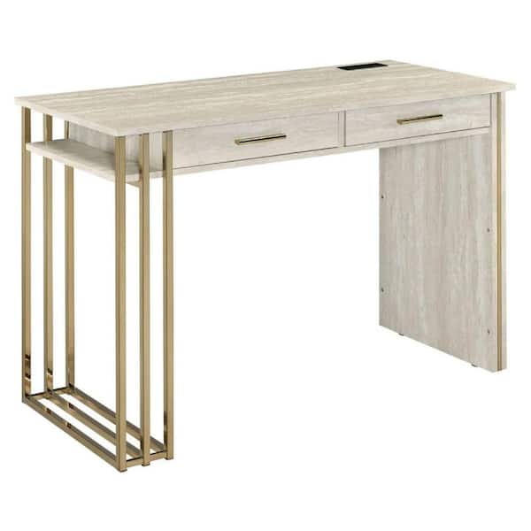 Benjara 42 In. Oak White and Gold Rectangle Desk Console Table, 2 Drawers, Metal Base