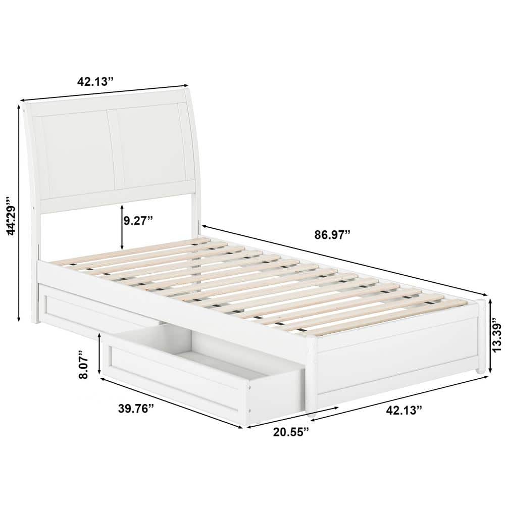 White Twin Wood Platform Bed with Storage Drawers and Slats