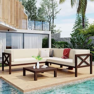 Beige Wood Patio Sectional Outdoor Sofa Set with Cushions, Wooden Coffee Table