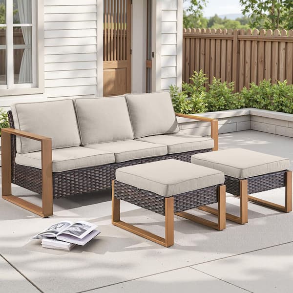 Kove Brown 3-Piece Wicker Outdoor Seactional Set Patio Couch with Matching Ottmans and Beige Cushions for Backyard
