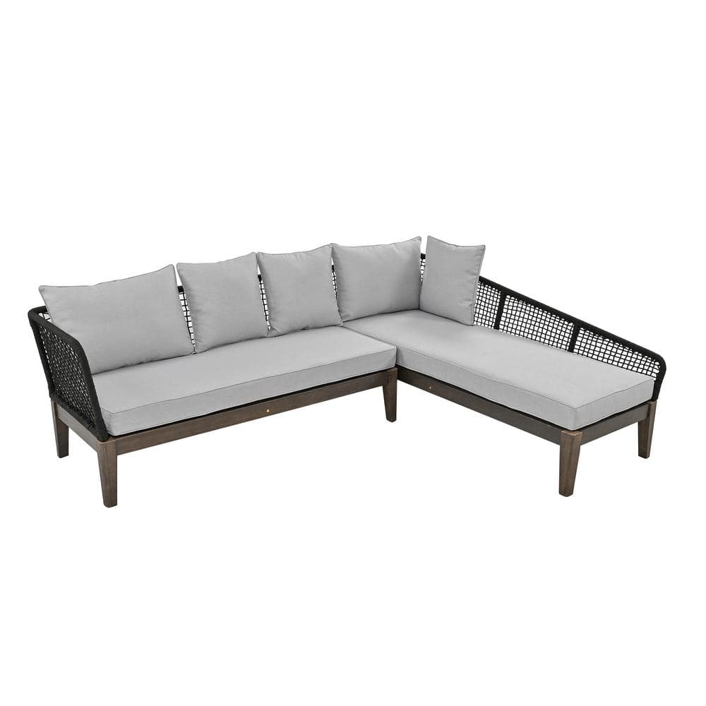 Black Wood Modern 5-Person Outdoor Couch L-Shaped Rope Waved Patio Sofa Set