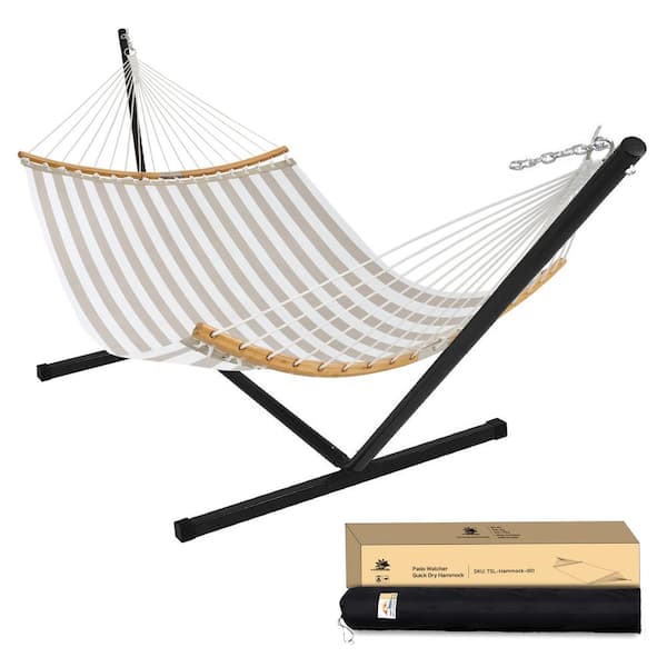 PATIOGUARDER Outdoor Double Quick Dry Hammock Folding Portable Hammock with Stand in Off-white Stripes