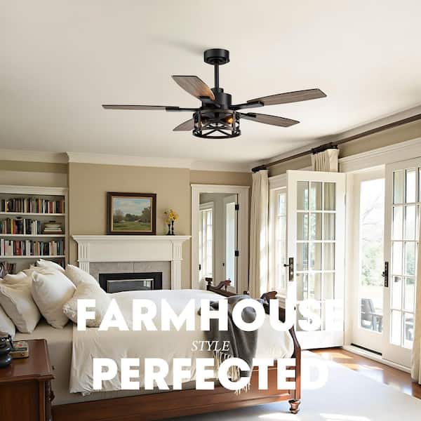 52 inch ceiling fan with light and remote, farmhouse black cage, LED, fits bedrooms living rooms, indoor and outdoor