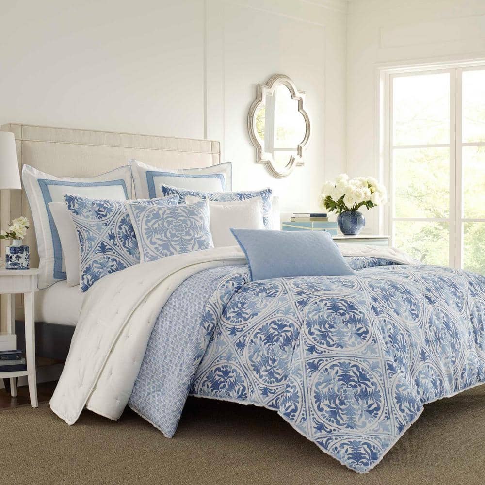 Laura Ashley Mila 3Piece Blue Floral Cotton Full/Queen Comforter Set