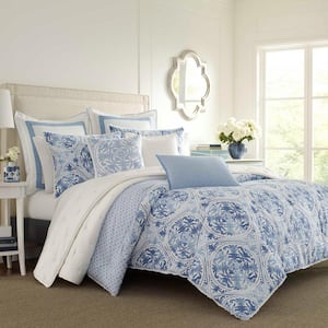 Mila 3-Piece Blue Floral Cotton Full/Queen Comforter Set