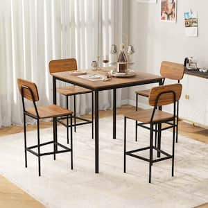 5-Piece Industrial Wood Top Dining Table Set with Counter Height Table, 4-Bar Stools Walnut