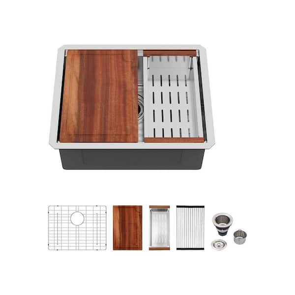 Kitchen Sink 18-Gauge Stainless Steel 23 in. Single Bowl Undermount Workstation Ledge Bar Sink Basin with Accessories