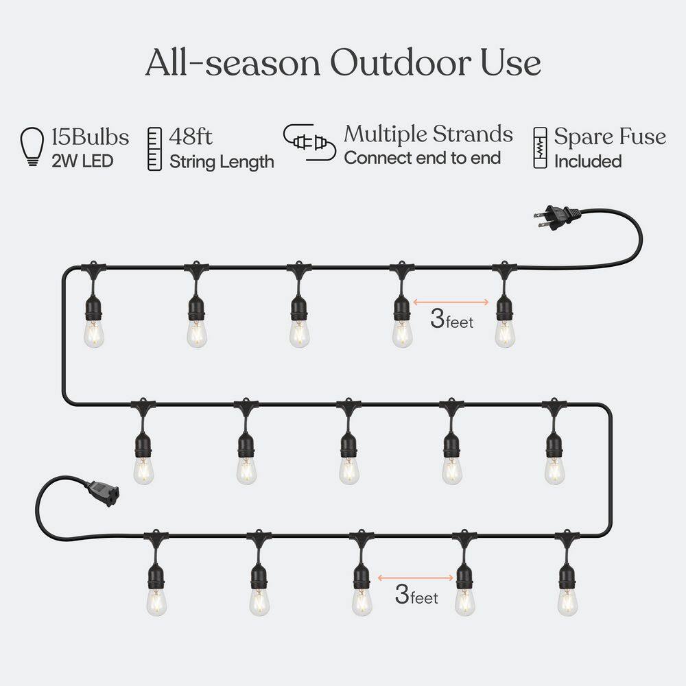 48ft Black Cord Warm White LED Outdoor String Lights