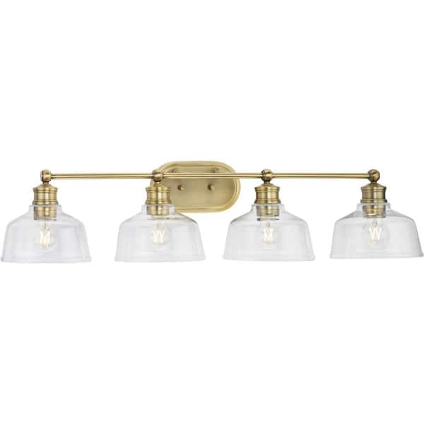 Progress Lighting Singleton 36 in. 4-Light Vintage Brass Vanity Light with Clear Glass Shades