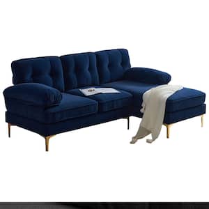 83 in. W Square Arm 3-Piece Velvet Upholstered L-Shaped Sectional Sofa in. Blue with Golden Metal Legs