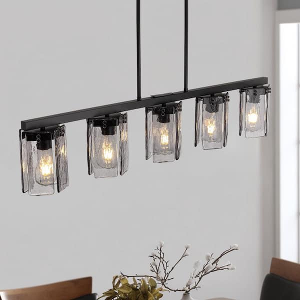 47 in. Contemporary 5-Light Black Linear Chandelier with Textured Gray Glass Pendant Light for Modern Kitchen Island