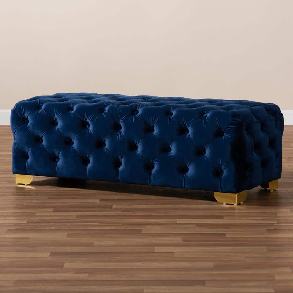 Royal Blue Velvet Tufted Ottoman with Gold Metal Legs