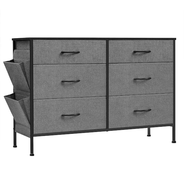 Benjara 42.13 in Gray and Black 6-Drawer Wood and Fabric Small Space Dresser with Side Pockets