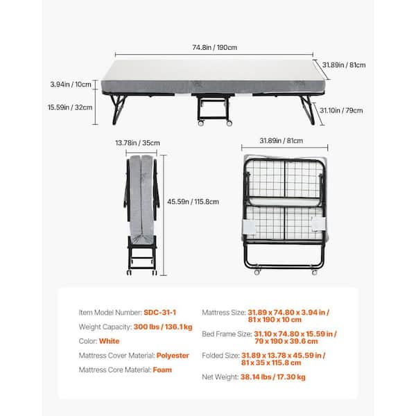 SKYSHALO Rollaway Bed, 31 in. x 75 in. Folding Bed with 4 in