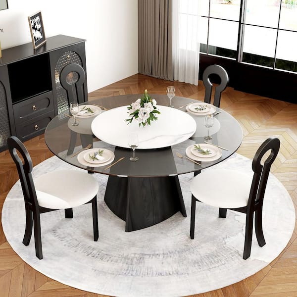 Round 59 in. Black Tempered Glass Tabletop with Rotable Lazy Susan and Pedestal Base Dining Table (Seats 8)