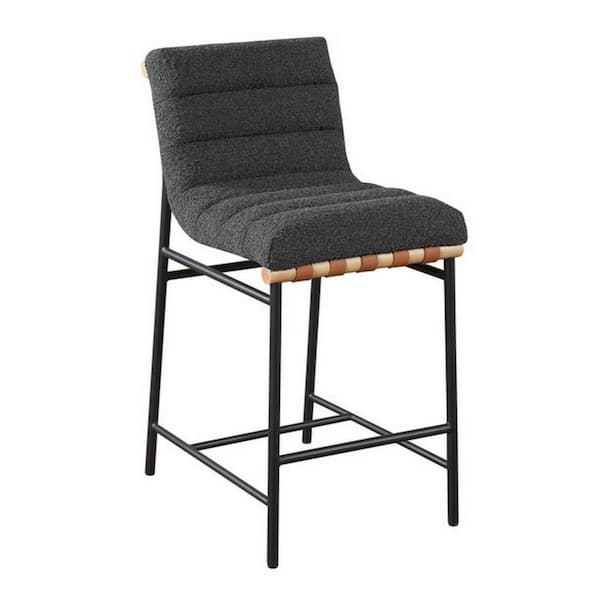 Benjara 26.38 in. Gray, Brown and Black Low Back Metal Frame Bar Stool with Boucle Fabric Seat