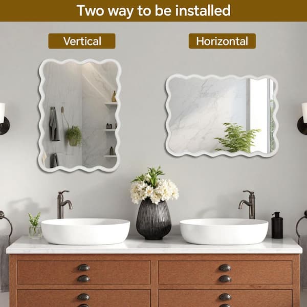 White 30 in. W x 40 in. H Wavy Rectangle Solid Wood Framed Mirror for Bathroom Living Room Wall Decor